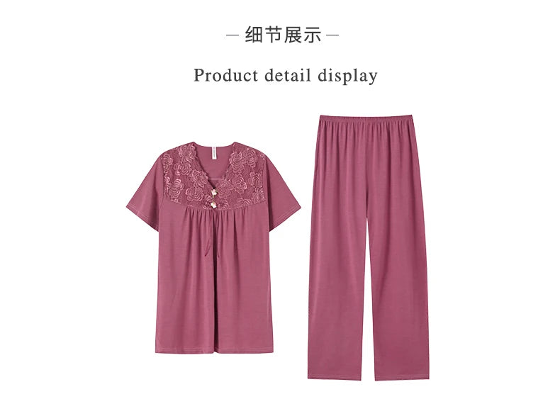 Women Pajama Sets Modal Cotton Pijamas Mujer Sleepwear Lady Short Sleeve Summer Nightwear Femme 2 Pieces Sets Lace Homewear XXXL
