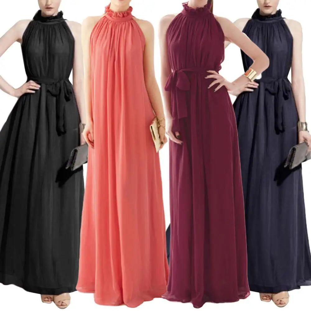 Bohemian Loose Long Dresses Women Summer Autumn Evening Party Solid Color Ruffled Collar Sleeveless Maxi Dress with Belt