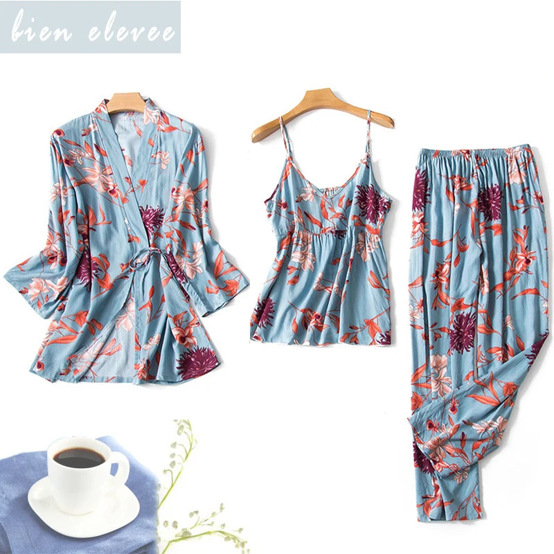 Women's Pajama Robe Set Sleepwear Suit Flower Printed Pijama Warm Home Clothing Nightwear Pyjama Women Sexy Lingerie 3 pieces