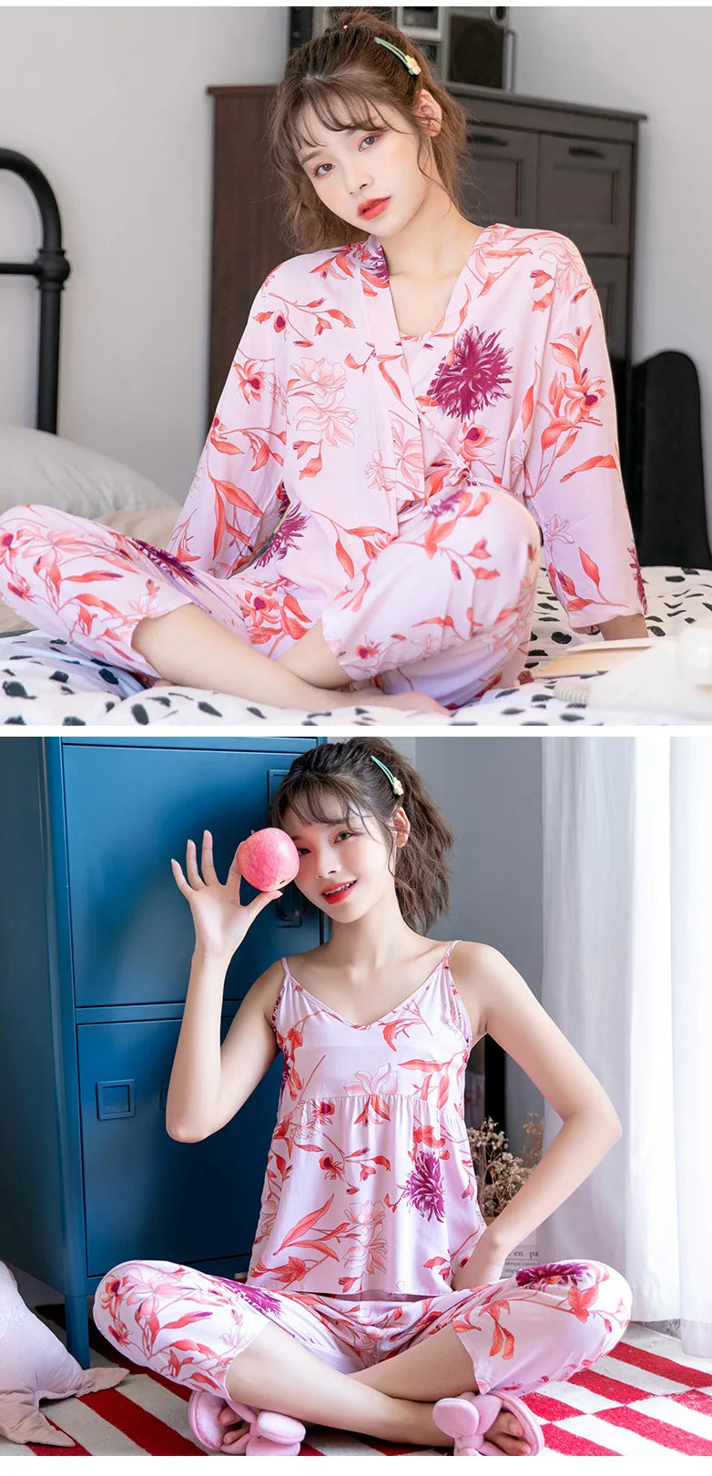Women's Pajama Robe Set Sleepwear Suit Flower Printed Pijama Warm Home Clothing Nightwear Pyjama Women Sexy Lingerie 3 pieces