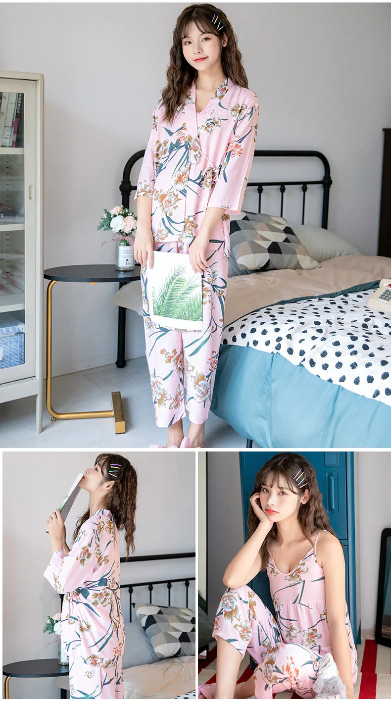 Women's Pajama Robe Set Sleepwear Suit Flower Printed Pijama Warm Home Clothing Nightwear Pyjama Women Sexy Lingerie 3 pieces