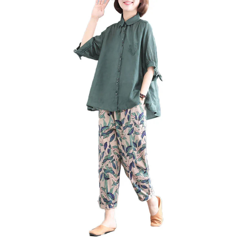 Pant Suits Women Summer New Korean Loose Fashion Sets Thin Cotton Shirt+Trousers Suit Female Retro Two Piece Set Women Green set