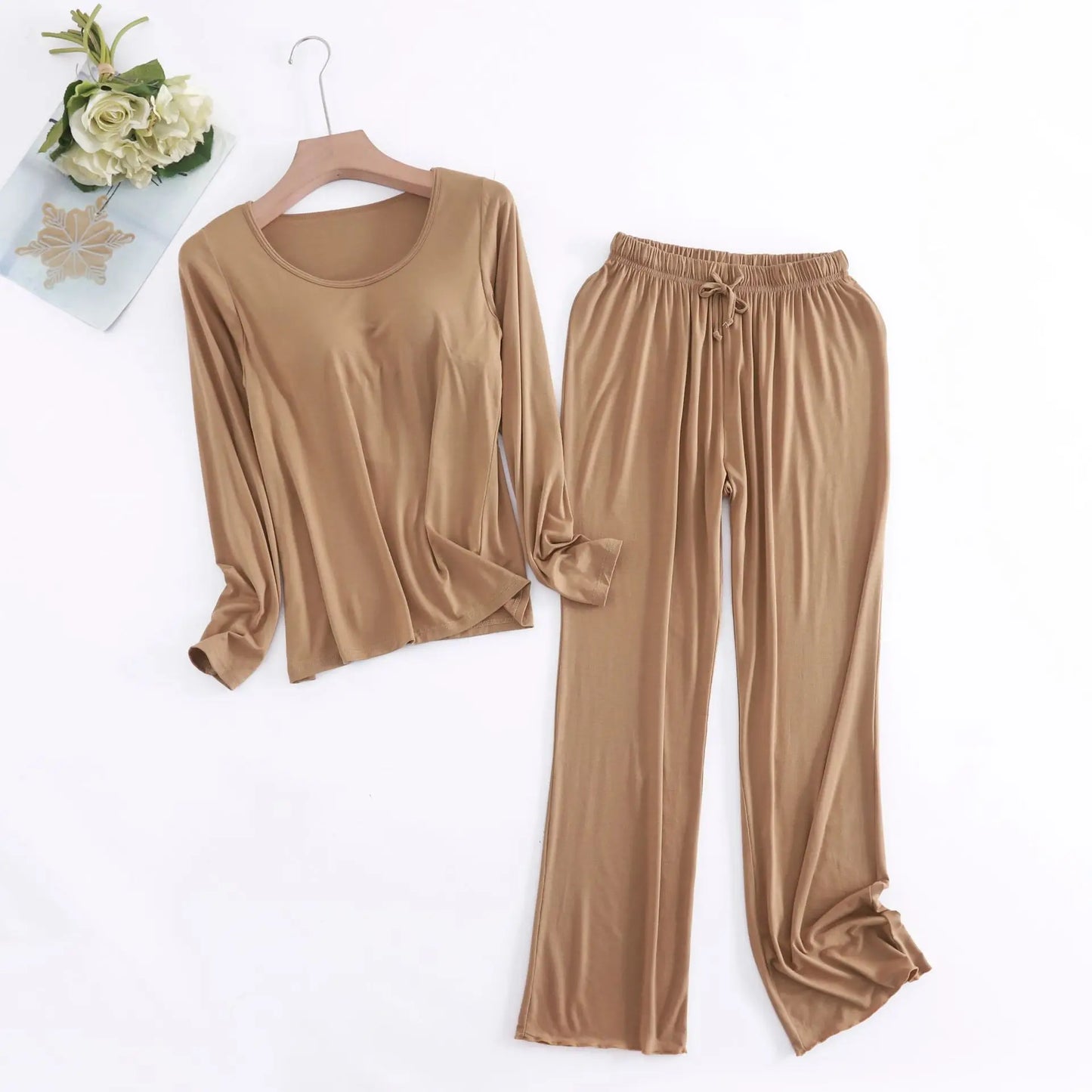 Pijama Feminino New Long Sleeve Trousers Set Modal Cotton Sleepwear Women Casual Bra Padded Winter Underwear Suit Female