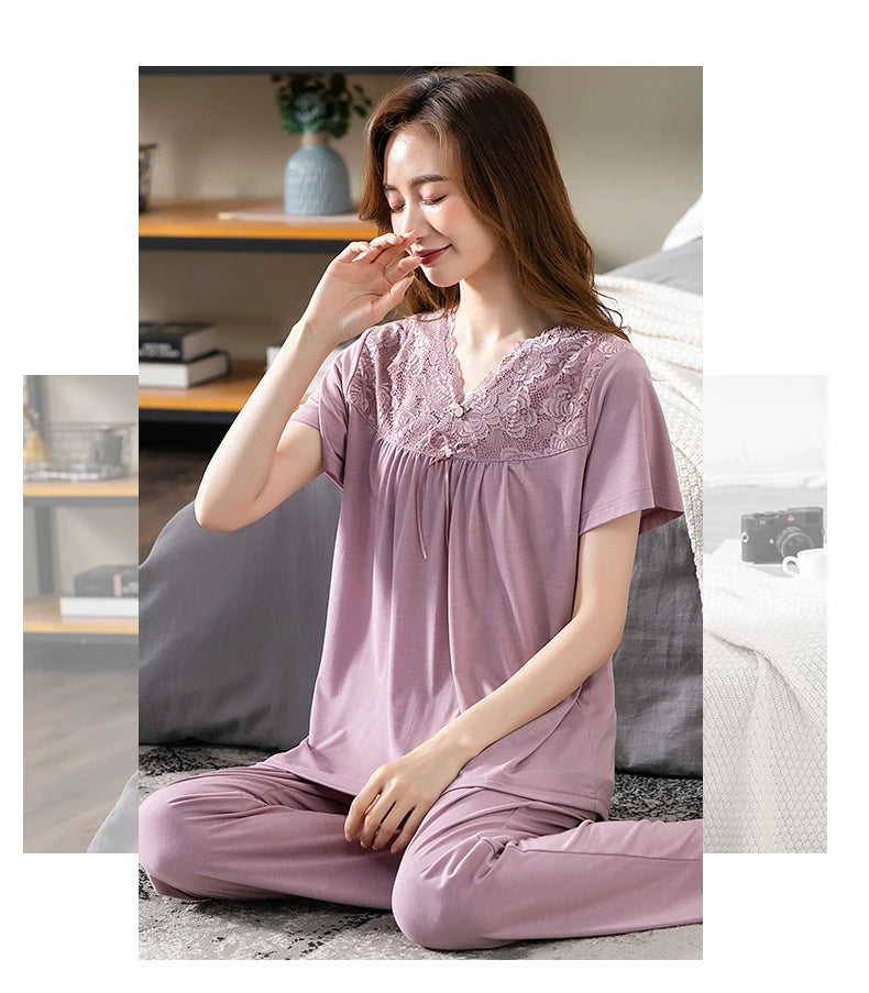 Women Pajama Sets Modal Cotton Pijamas Mujer Sleepwear Lady Short Sleeve Summer Nightwear Femme 2 Pieces Sets Lace Homewear XXXL