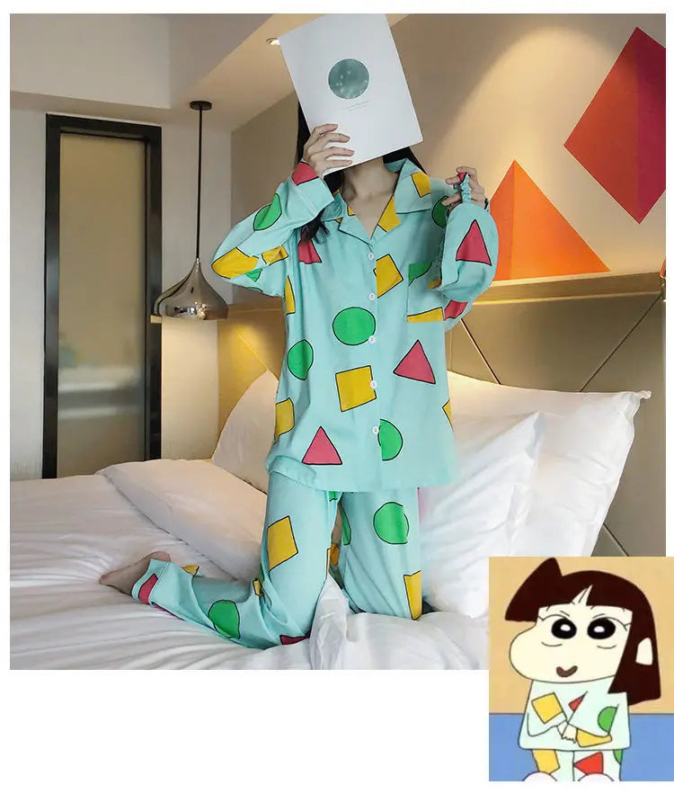 Pijama Schin Chan Pijamas Para Parejas 2-piece Set Home Causal V-neck Long Sleeve Nightgown Autumn Trousers Couple Pajama Sets
