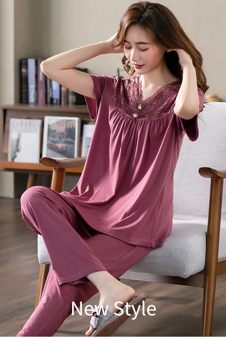 Women Pajama Sets Modal Cotton Pijamas Mujer Sleepwear Lady Short Sleeve Summer Nightwear Femme 2 Pieces Sets Lace Homewear XXXL