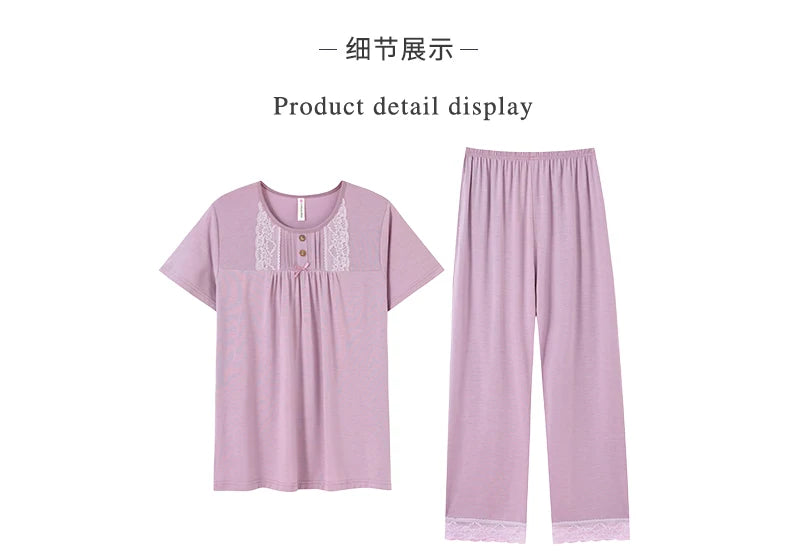 Women Pajama Sets Modal Cotton Pijamas Mujer Sleepwear Lady Short Sleeve Summer Nightwear Femme 2 Pieces Sets Lace Homewear XXXL