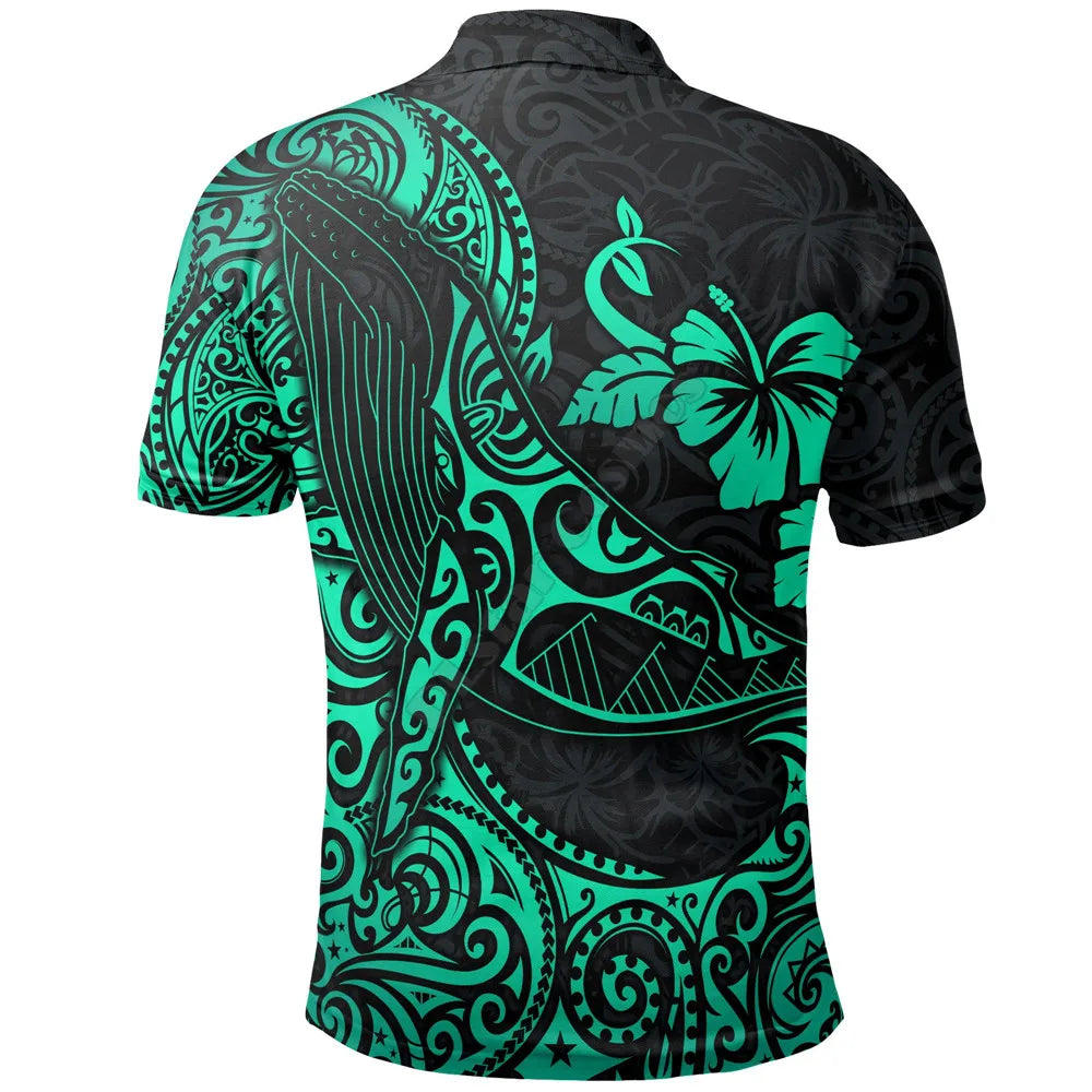 Polynesian Hawaii Polo Shirts Humpback Whale with Tropical Flowers 3D Printed Polo Shirt Men Women Short Sleeve Summer T-shirt