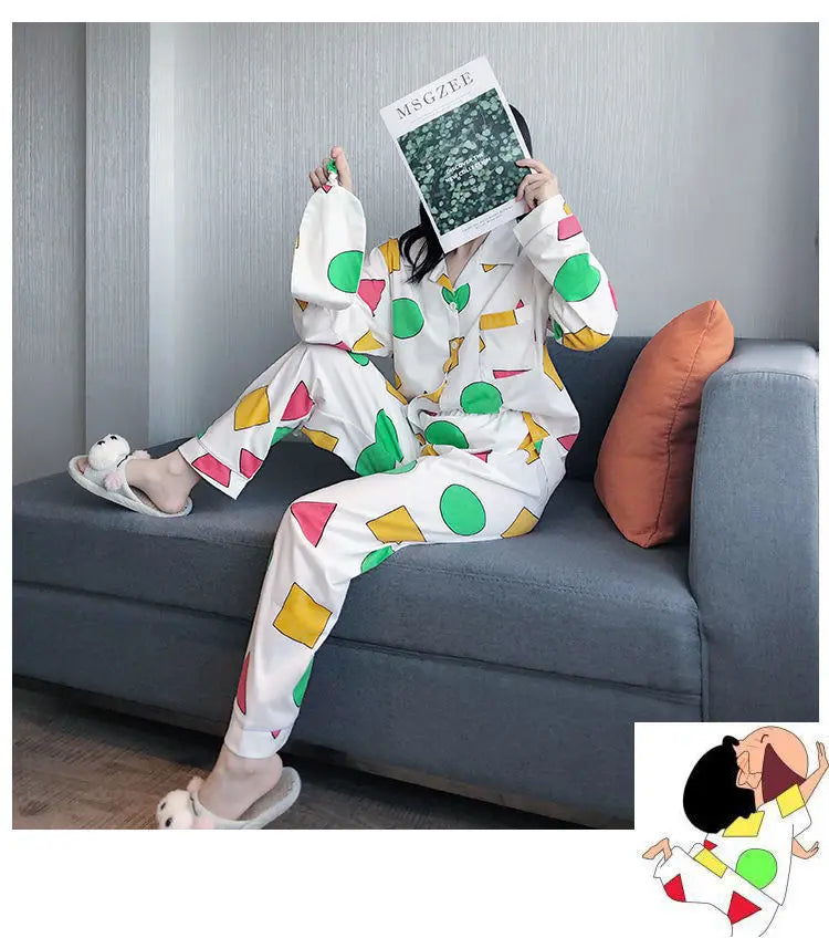 Pijama Schin Chan Pijamas Para Parejas 2-piece Set Home Causal V-neck Long Sleeve Nightgown Autumn Trousers Couple Pajama Sets