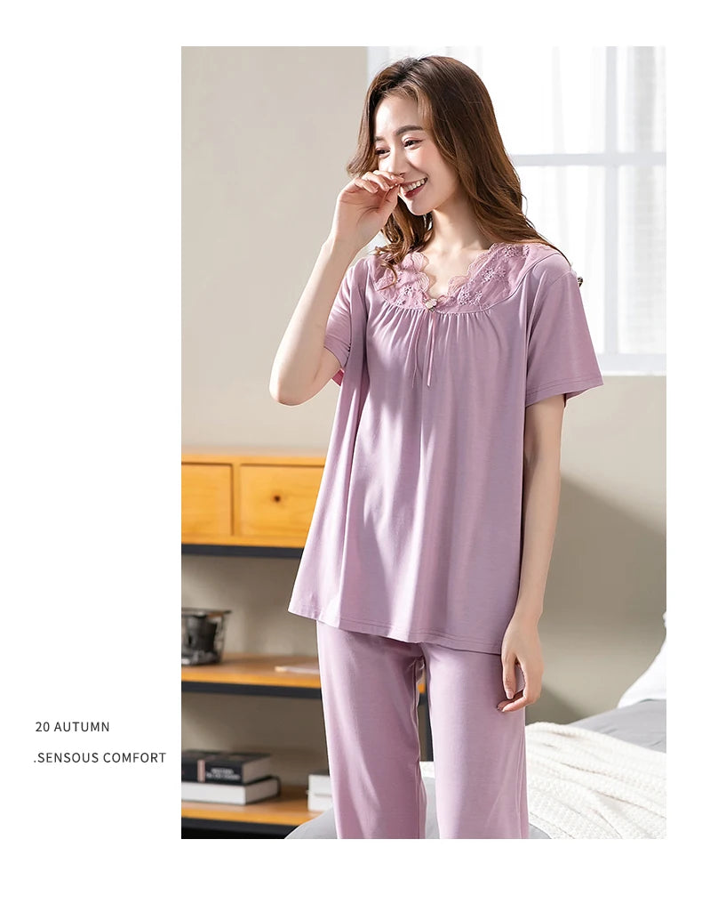 Women Pajama Sets Modal Cotton Pijamas Mujer Sleepwear Lady Short Sleeve Summer Nightwear Femme 2 Pieces Sets Lace Homewear XXXL