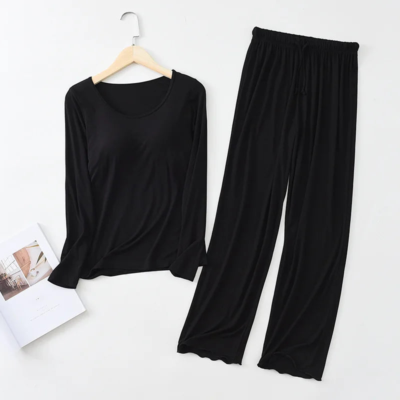 Pijama Feminino New Long Sleeve Trousers Set Modal Cotton Sleepwear Women Casual Bra Padded Winter Underwear Suit Female