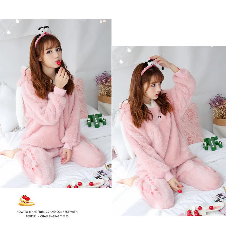 Jielur Winter Women Pajama Sets Lady Long Sleeve Shirt+Pants Solid Color Home suit Warm Hooded Cartoon Thick Pijama Feminino