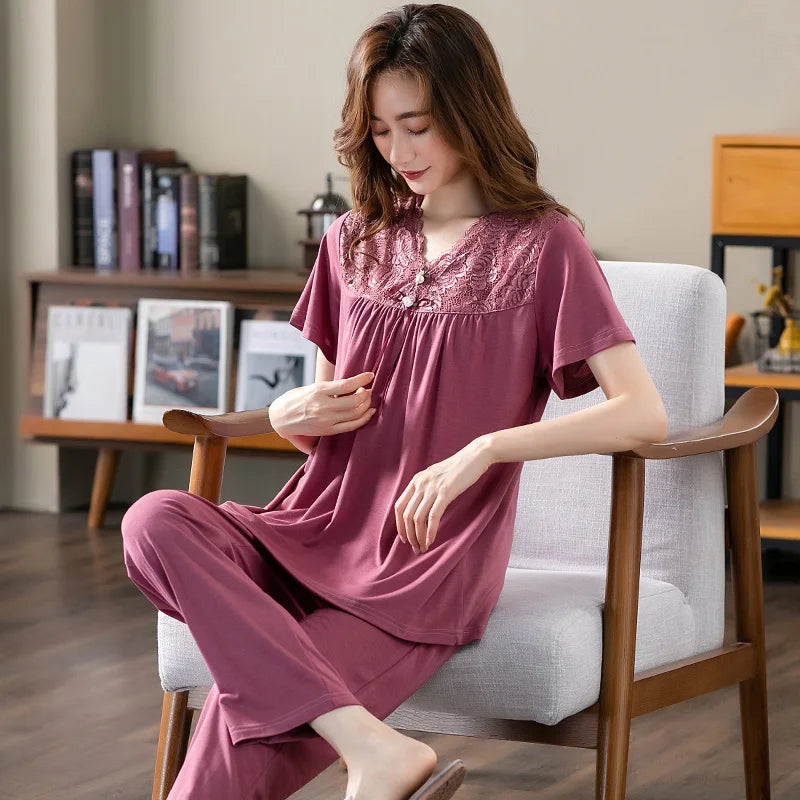 Women Pajama Sets Modal Cotton Pijamas Mujer Sleepwear Lady Short Sleeve Summer Nightwear Femme 2 Pieces Sets Lace Homewear XXXL