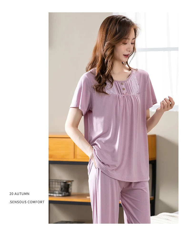 Women Pajama Sets Modal Cotton Pijamas Mujer Sleepwear Lady Short Sleeve Summer Nightwear Femme 2 Pieces Sets Lace Homewear XXXL
