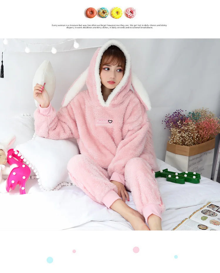 Jielur Winter Women Pajama Sets Lady Long Sleeve Shirt+Pants Solid Color Home suit Warm Hooded Cartoon Thick Pijama Feminino