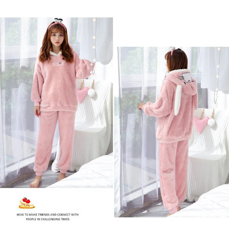 Jielur Winter Women Pajama Sets Lady Long Sleeve Shirt+Pants Solid Color Home suit Warm Hooded Cartoon Thick Pijama Feminino