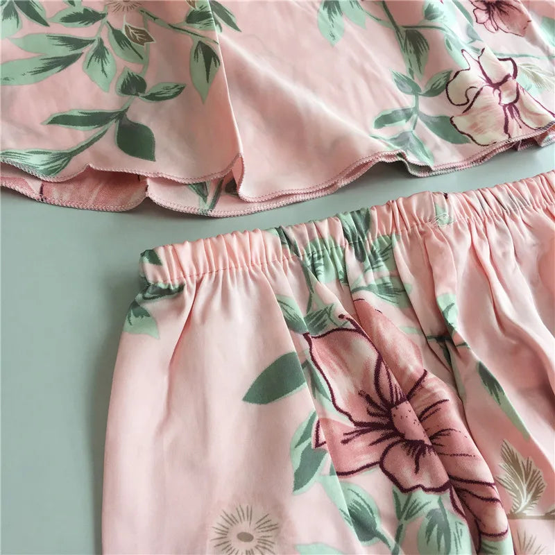 Daeyard Women's Pajamas Sexy Lingerie Silk Overall Print Cami And Shorts 2Pcs Pyjama Set Sleepwear Summer Pijama Nighty Homewear