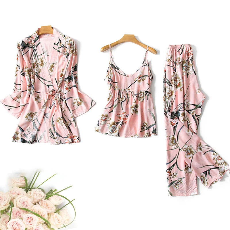 Women's Pajama Robe Set Sleepwear Suit Flower Printed Pijama Warm Home Clothing Nightwear Pyjama Women Sexy Lingerie 3 pieces