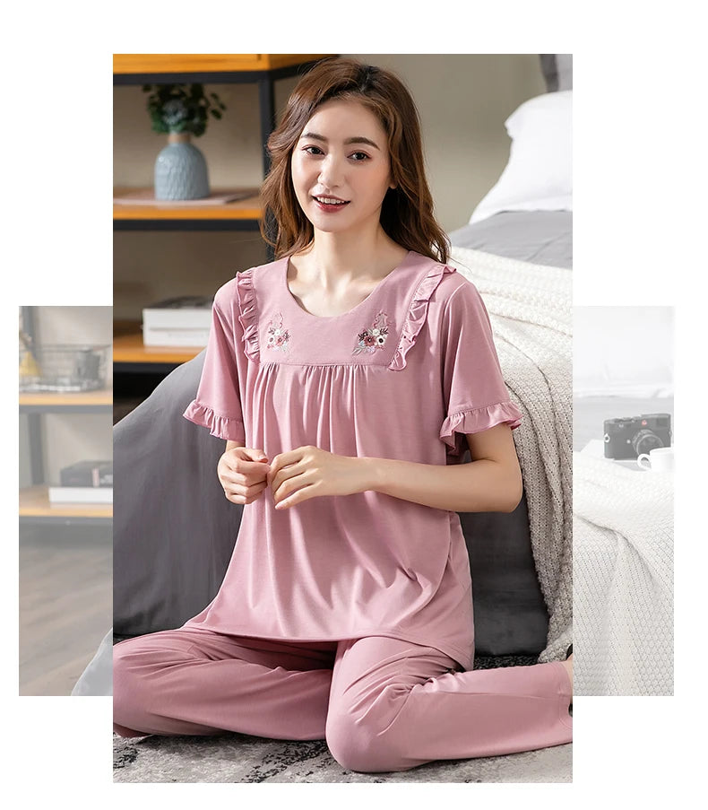 Women Pajama Sets Modal Cotton Pijamas Mujer Sleepwear Lady Short Sleeve Summer Nightwear Femme 2 Pieces Sets Lace Homewear XXXL