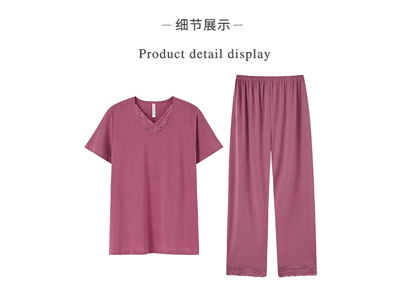 Women Pajama Sets Modal Cotton Pijamas Mujer Sleepwear Lady Short Sleeve Summer Nightwear Femme 2 Pieces Sets Lace Homewear XXXL