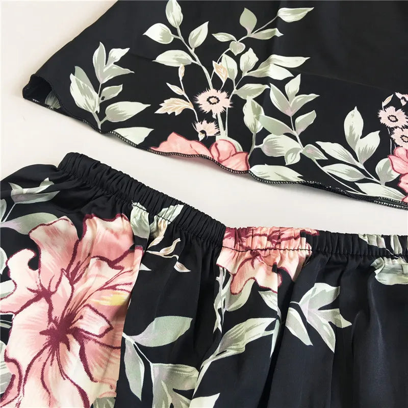 Daeyard Women's Pajamas Sexy Lingerie Silk Overall Print Cami And Shorts 2Pcs Pyjama Set Sleepwear Summer Pijama Nighty Homewear