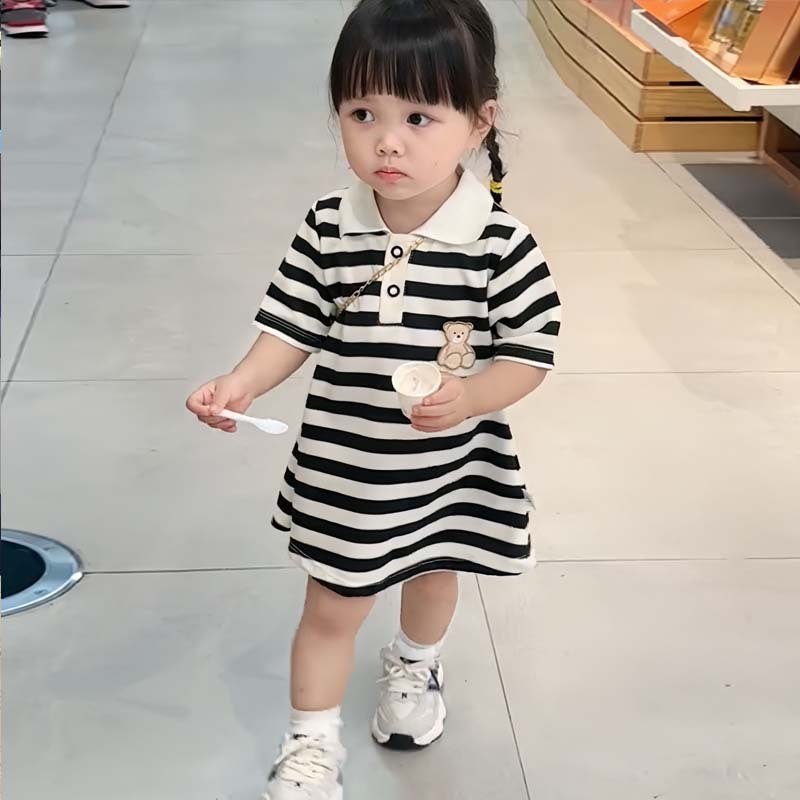 Summer Girl Dress Bear Embroidered Polo Neck Dresses Striped A-line Skirt Princess Skirt Soft and Comfortable Children Clothes