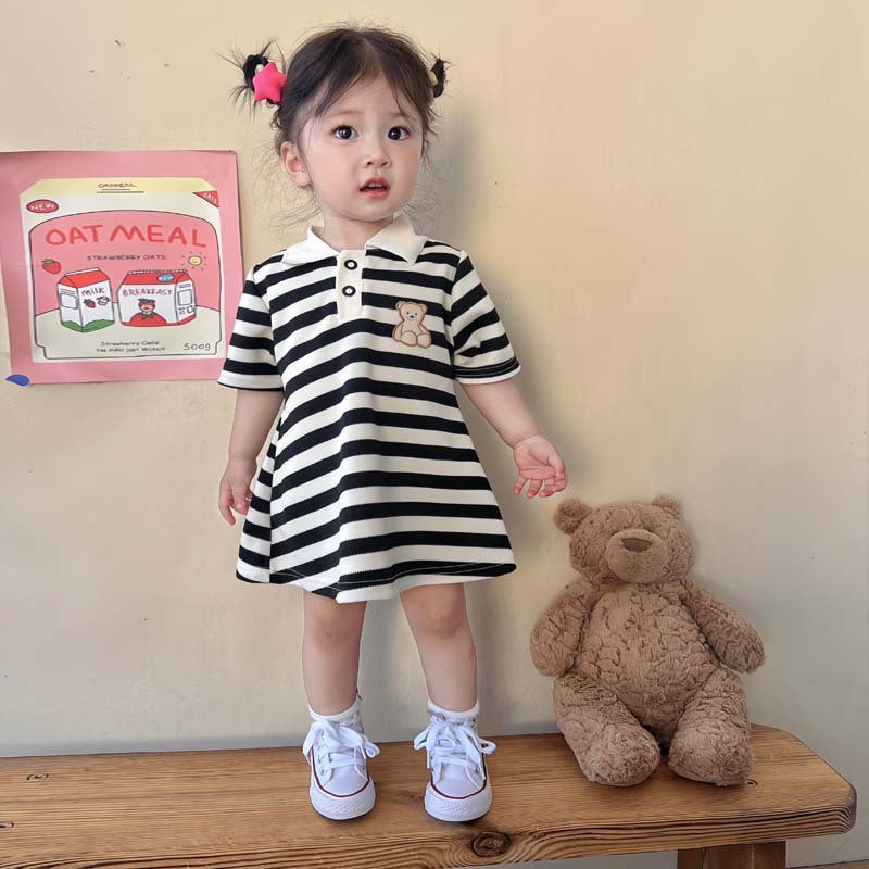 Summer Girl Dress Bear Embroidered Polo Neck Dresses Striped A-line Skirt Princess Skirt Soft and Comfortable Children Clothes