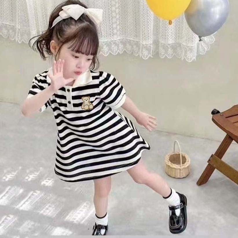 Summer Girl Dress Bear Embroidered Polo Neck Dresses Striped A-line Skirt Princess Skirt Soft and Comfortable Children Clothes