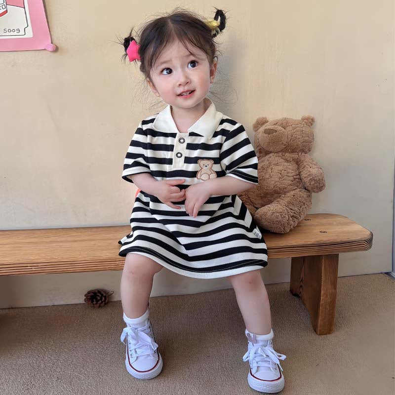 Summer Girl Dress Bear Embroidered Polo Neck Dresses Striped A-line Skirt Princess Skirt Soft and Comfortable Children Clothes