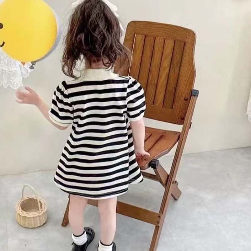 Summer Girl Dress Bear Embroidered Polo Neck Dresses Striped A-line Skirt Princess Skirt Soft and Comfortable Children Clothes