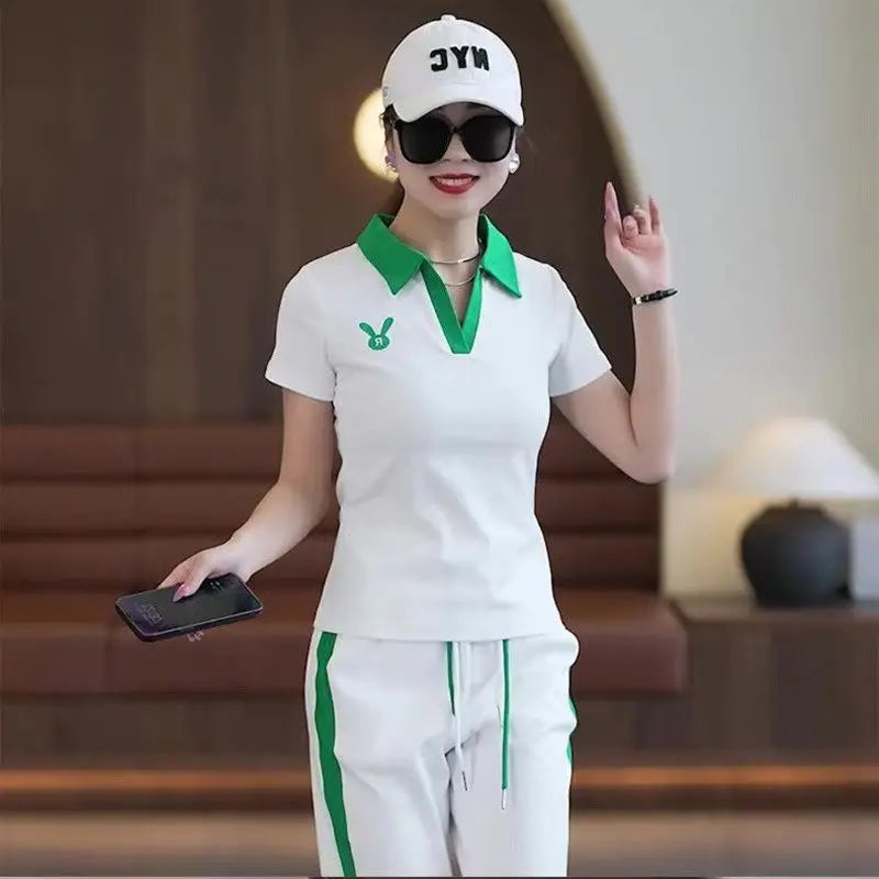 Women's Casual Sports Suit 2025 New Summer Spring Style Clothes Fashion Short Sleeve Lapel T-shirt Wide Leg Pants Two Piece Set