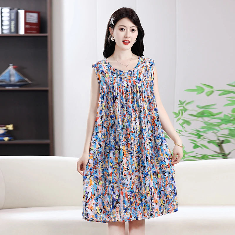 2025 New Women's Spwear Cotton Silk Nightgown round Ne Mid-Length Svel Dr Artificial Cotton Home Clothes