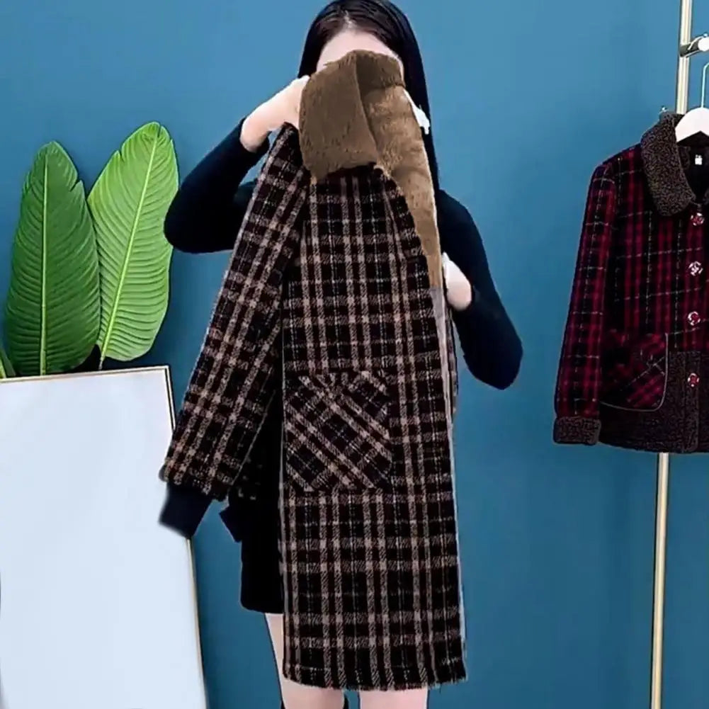 Women Plaid Coat Checkered Winter Mother Jacket Pockets Turn-down Collar Single-breasted Mid Length Overcoat Mid-aged Women Coat