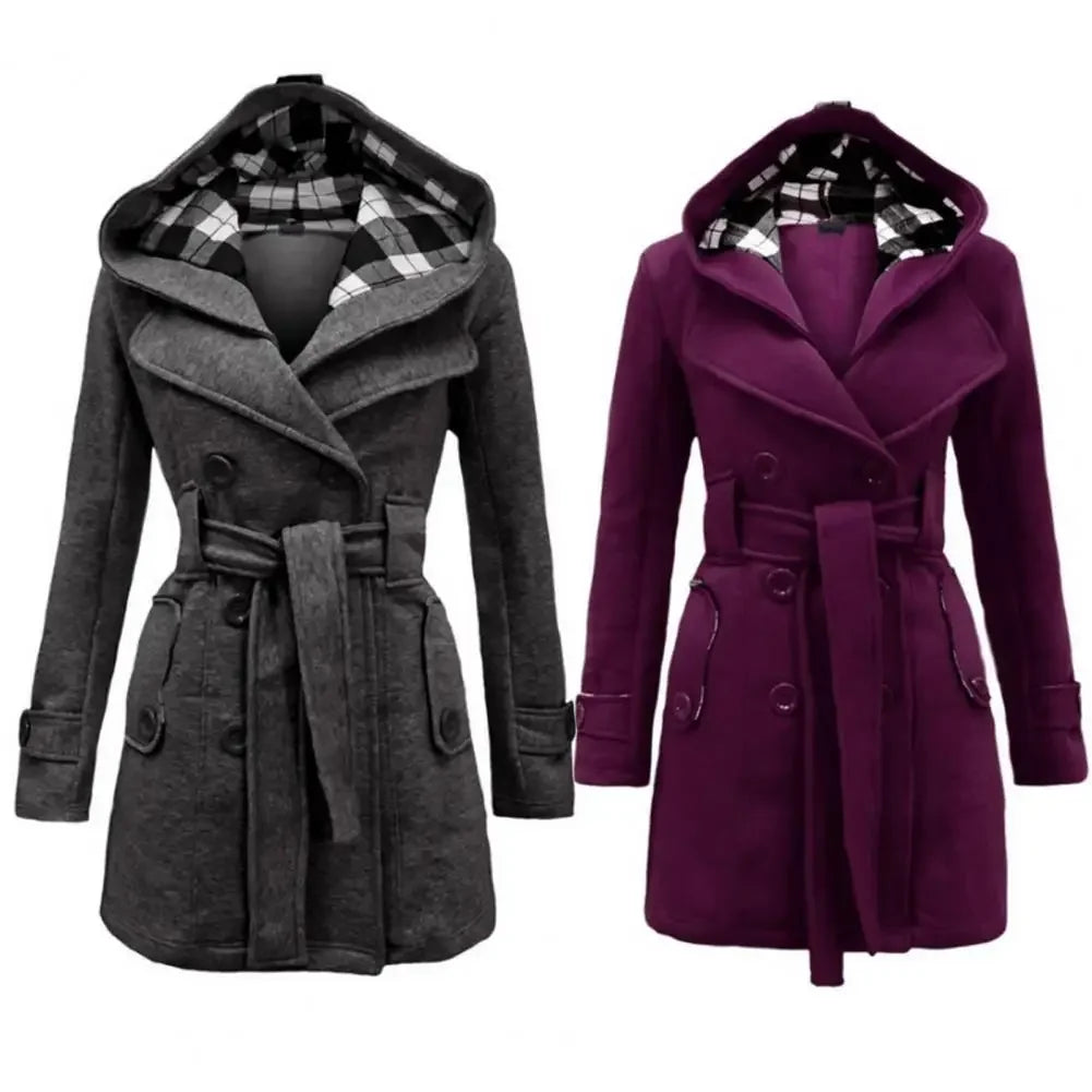 British Style Women Woolen Coat with Belt 2025 Double-Breasted Winter Coat Women's Jacket Double Neckline Plaid Hooded Overcoat