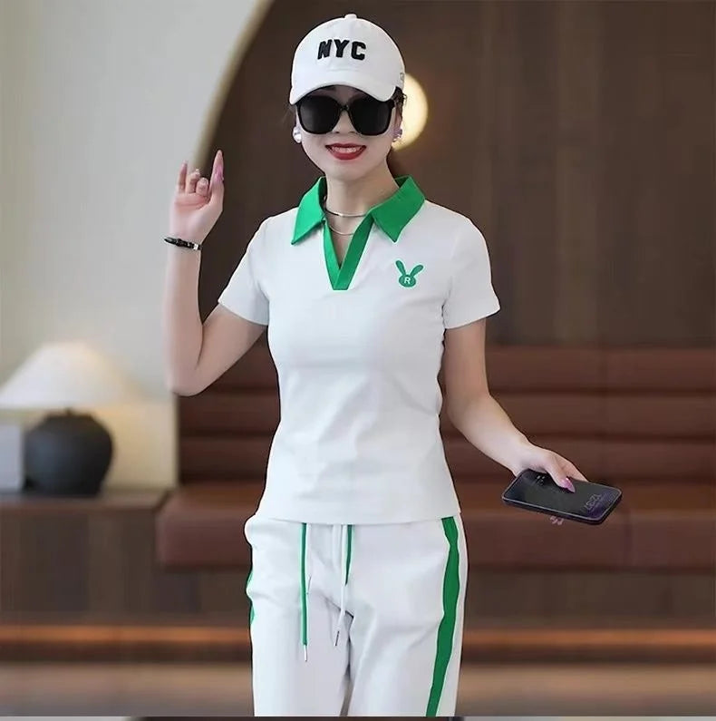Women's Casual Sports Suit 2025 New Summer Spring Style Clothes Fashion Short Sleeve Lapel T-shirt Wide Leg Pants Two Piece Set