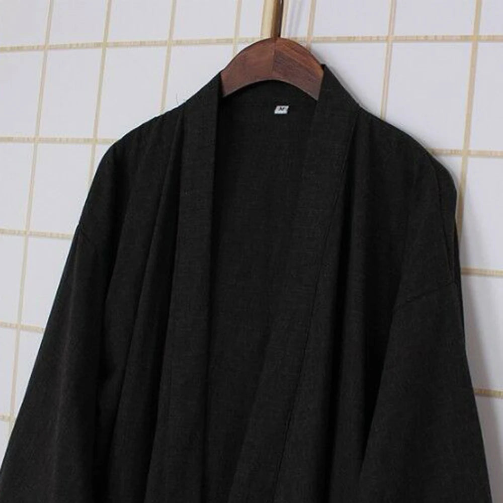Fashion Japanese Style Kimono Robe Solid Color Lace Up Long Bathrobe Pajamas Belt Cotton Home Pijama Robes Clothing For Men