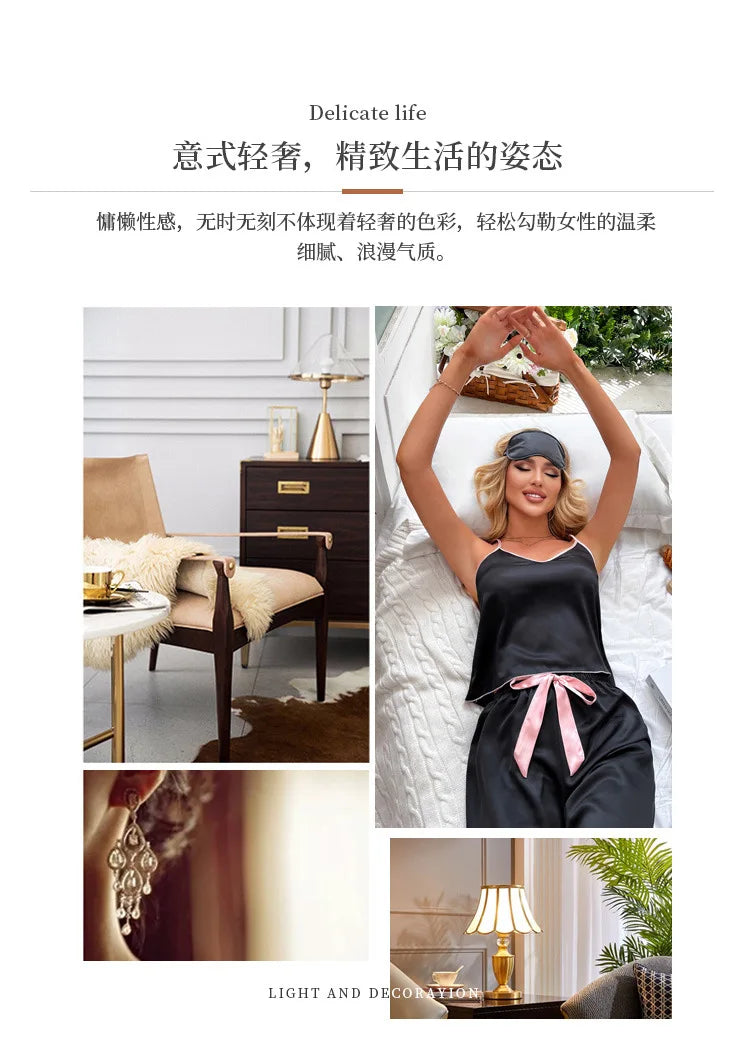 Women Sexy Satin Pijamas Set Lingerie Sleepwear Silk Saitn Nightwear Sleeveless Pajamas Set Home Wear Pyjama Femme Pyjamas