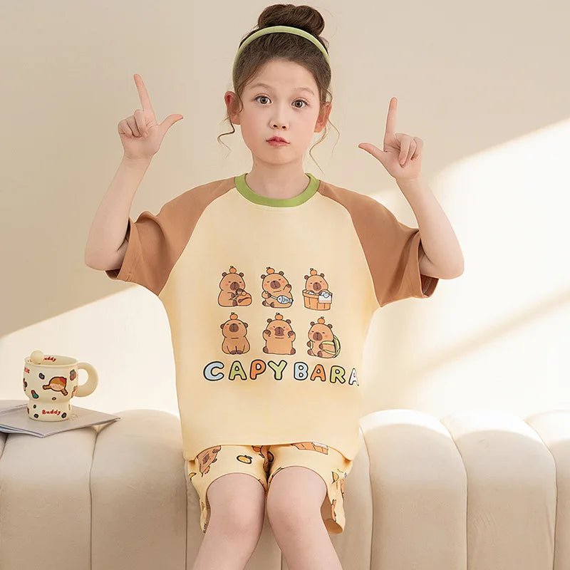Capybara Pajama Sets 2025 Summer Teen Girls Cartoon Short Sleeved Tops Shorts 2pcs Kids Sleepwear Children Nightgown Loungewear