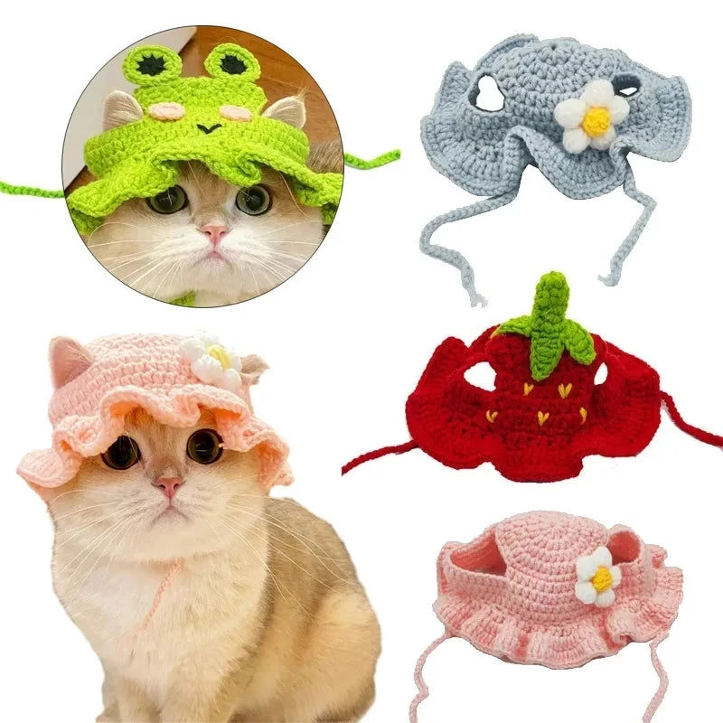 Hand-made Cat Hat Elastic Woven Cap Pet Hat Puppy Kitten Headwear Knitted Hat Party Photo Shoot Props Decoration Cat Accessories