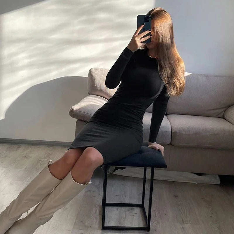 Autumn Winter Women's Dresses New Fashion Casual Slim O-Neck Long Sleeves Elegant Maxi Dresses Sexy Black Female Knitted Dress