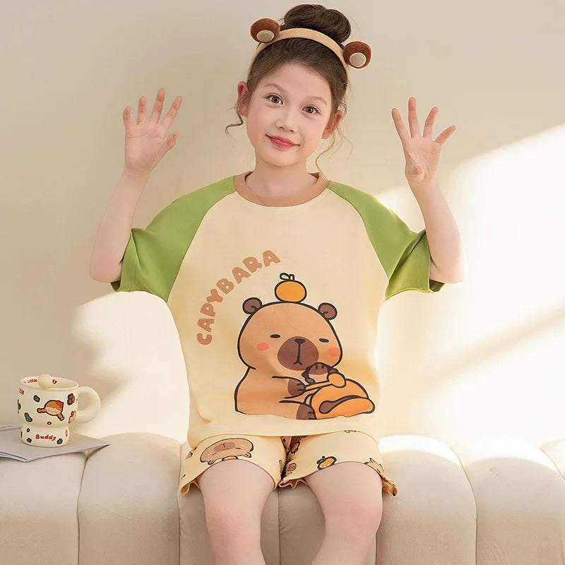 Capybara Pajama Sets 2025 Summer Teen Girls Cartoon Short Sleeved Tops Shorts 2pcs Kids Sleepwear Children Nightgown Loungewear