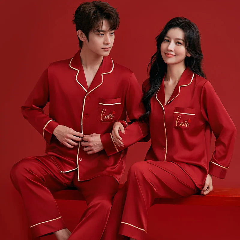 Couples Casual Red Pajamas Ice Silk Women Mens Pajama Pants Sets Satin Long Sleeve Sleepwear Home Pijama Night Wear Loungewear