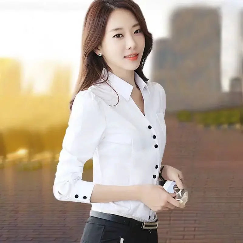 Women Blouse White Shirt Women's Long Sleeve Formal Wear Autumn Chiffon V-neck Shirt Blusas Ropa De Mujer
