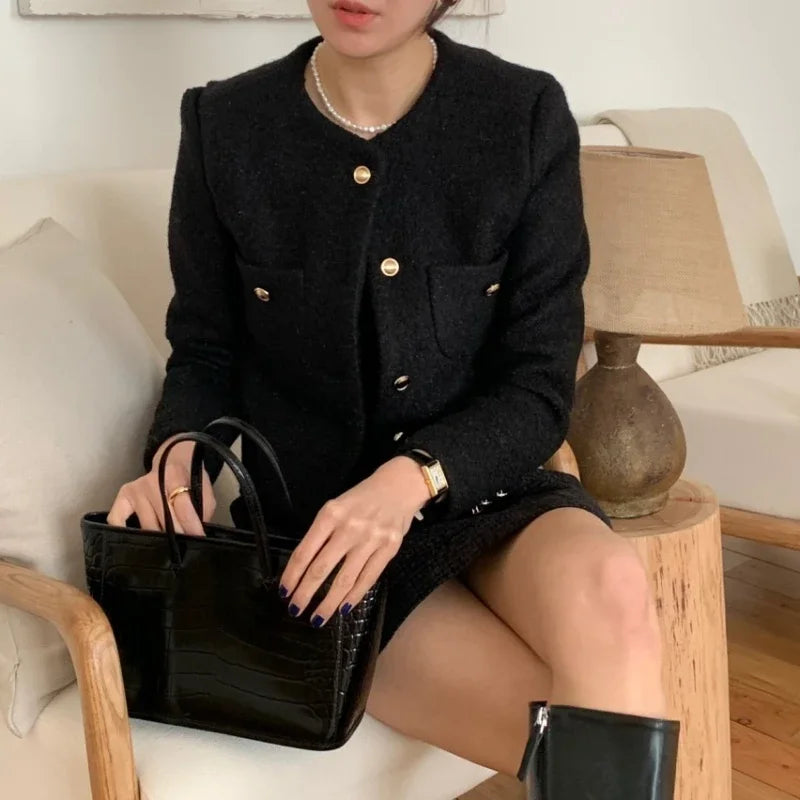Women Autumn Winter 2025 French Vintage Coat Temperament High Quality Korean Casual Single Breasted Slim Tweed Jackets