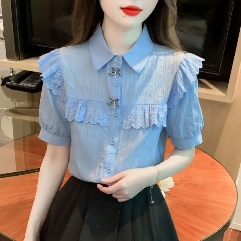 Summer Dress Women's Shirt T-Shirt New Women's Shirt Cotton Shirt Women's Foreign Design Sense Niche Short Sleeve Lace Top