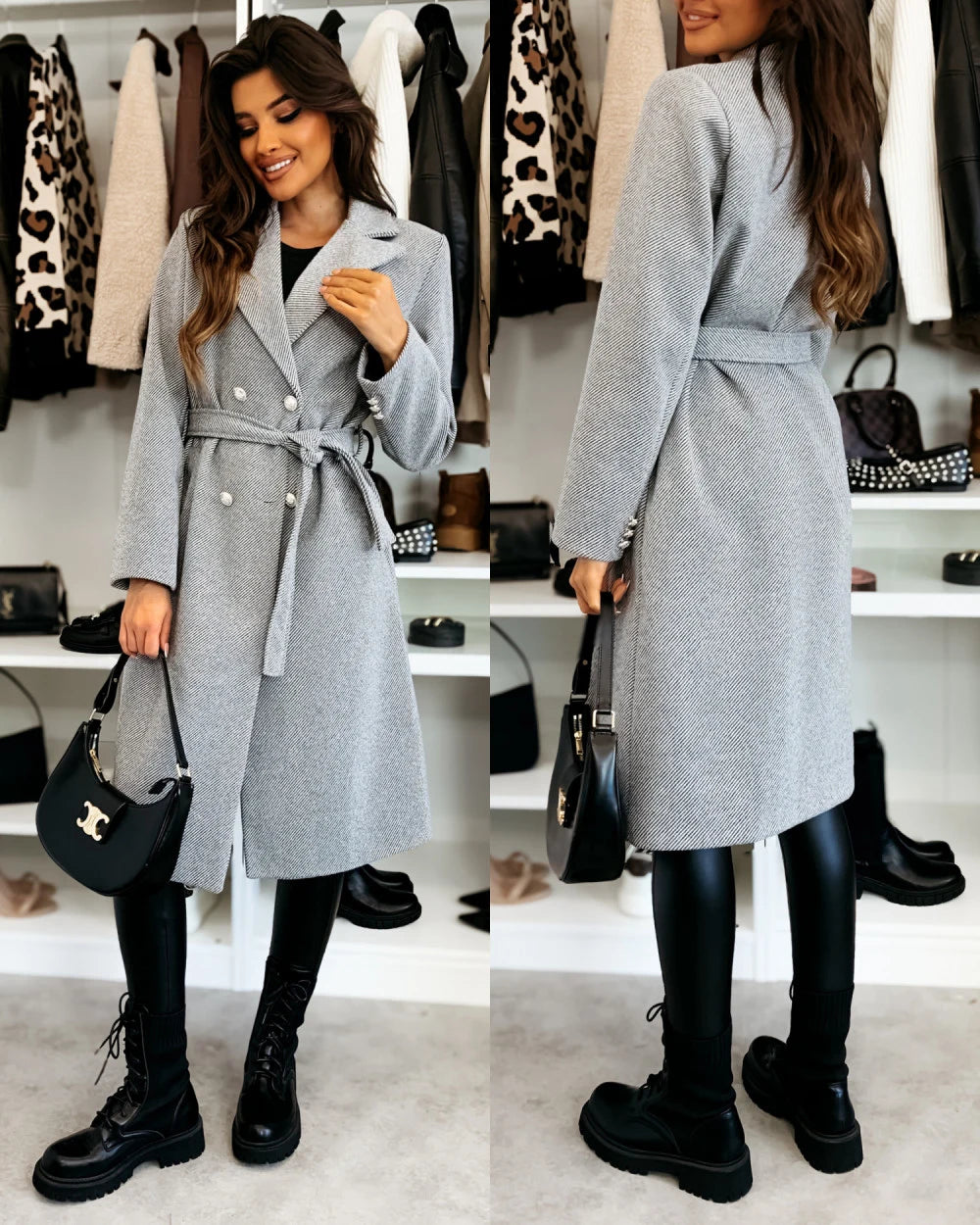 Women's Woolen Coat Autumn Winter Vintage Elegant Double Breasted Trench Coat Women Brown Long Sleeved Midi Windbreaker Jacket