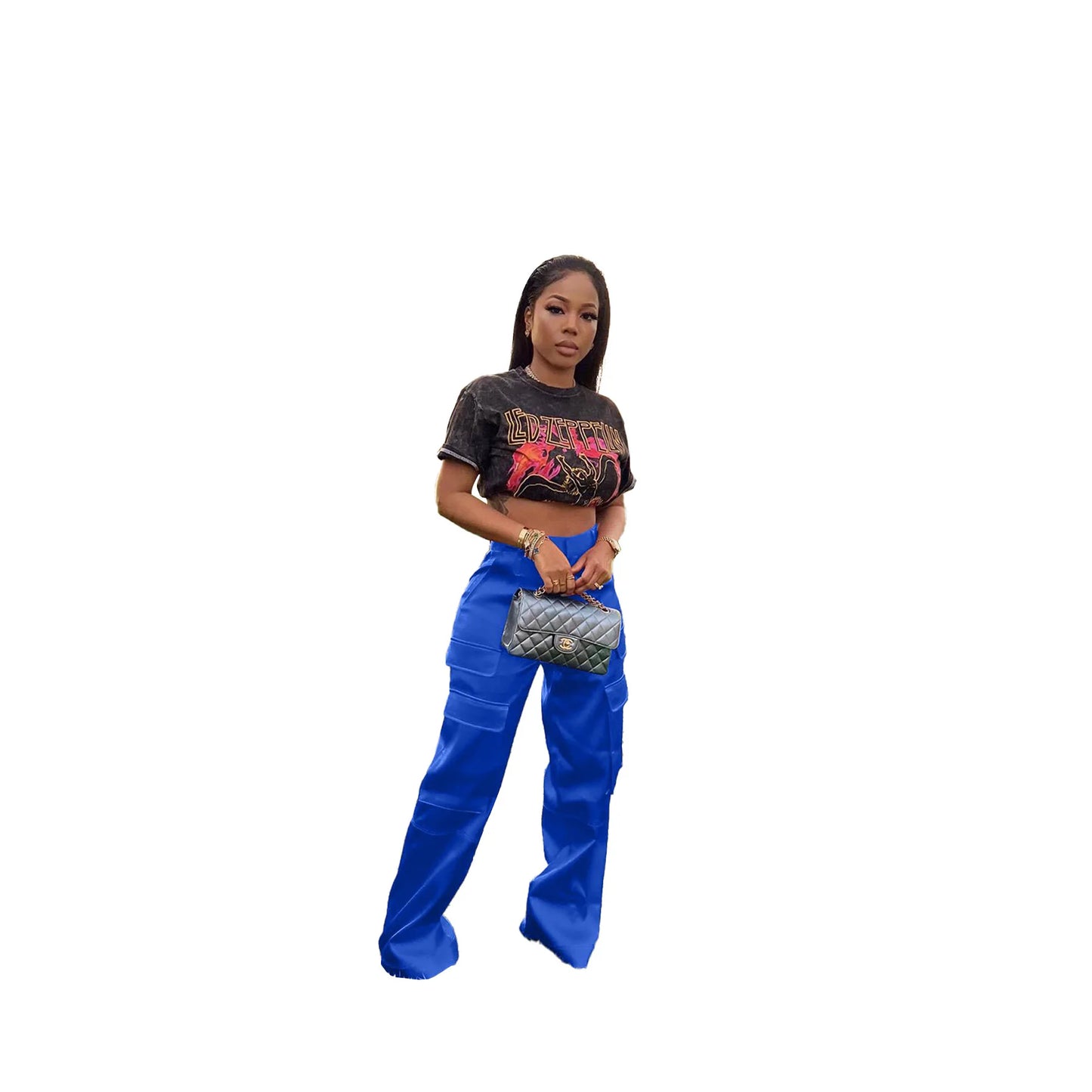 Women Pants Spring Summer Casual Satin Stretch High Waist Cargo Pants With Pocket Streetwear Solid Wide Leg Pants Flare Trouser