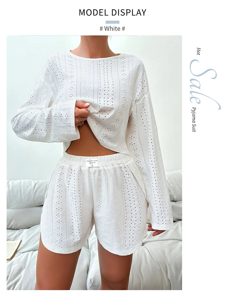 Women's Pajamas Set Sleepwear Loungewear Autumn Soft Comfortable Long Sleeve Tops With Shorts Pyjama Femme Home Clothes 2 Piece