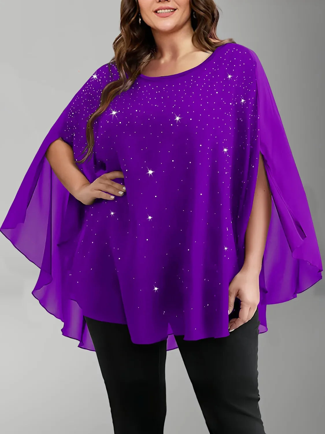 Baby's Breath Printed Women Plus Size Blouse Casual Crew Neck Split Chiffon Pullover Summer Female Smock Mesh Loose Tops Shirts