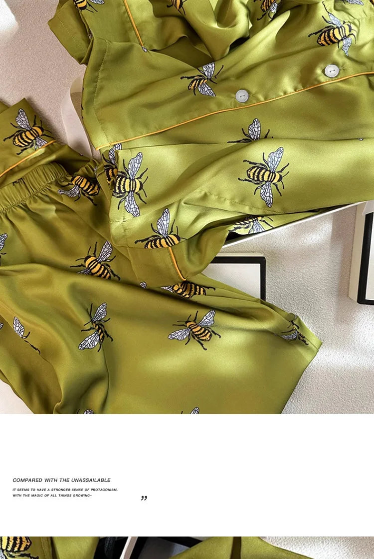 Women's 2PCS Pajama Set Pocket Silk Satin Sleepwear Spring Autumn fashion Print Pyjama Long Sleeve Pijama Mujer Pjs Homewear